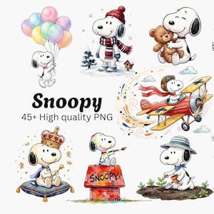 Puede incluir: Una colección de diseños PNG con temática de Snoopy. La imagen presenta a Snoopy en varias poses, incluyendo sosteniendo globos, usando una bufanda, abrazando un oso de peluche y pilotando un avión. También se ve el texto "Snoopy" y "45+ High quality PNG".