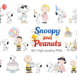 May include: A collection of watercolor illustrations featuring Snoopy and the Peanuts gang. The images include Snoopy, Charlie Brown, Lucy, and other characters, with birthday cakes, balloons, and gifts. The text "Snoopy and Peanuts" is displayed in the center.