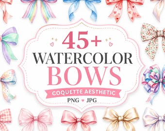 Paquete de imágenes prediseñadas de lazos, cinta coqueta estilo Wattercolor, imágenes prediseñadas femeninas (descarga digital)
