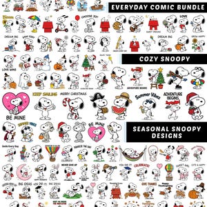 Puede incluir: Una colección digital de 158 ilustraciones del personaje Snoopy con diversos temas estacionales y cotidianos. El paquete incluye a Snoopy en variados atuendos y actividades, con elementos de texto como Everyday Comic Bundle, Cozy Snoopy y Seasonal Snoopy Designs.
