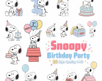 Imágenes prediseñadas PNG de Snoopy para cumpleaños, ilustraciones de fiesta en tonos pastel, paquete de pegatinas de globos y pasteles (descarga digital)