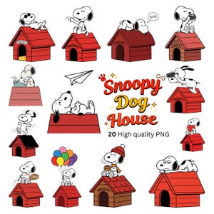 Può includere: Una collezione di illustrazioni di Snoopy su casette rosse per cani. Snoopy è raffigurato in varie pose, tra cui scrivere, tenere in mano dei palloncini e rilassarsi. La frase "Snoopy Dog House" è visualizzata in un font giocoso.