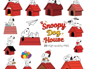 Paquete de imágenes PNG de Snoopy, imágenes prediseñadas de caseta de perro estilo Peanuts (descarga digital)