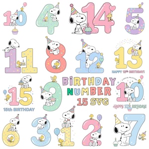 Puede incluir: Una colección de ilustraciones digitales con Snoopy y Woodstock celebrando cumpleaños con los números del 1 al 15. Cada número está decorado en colores pastel con gorros de fiesta, globos y cupcakes. El texto incluye BIRTHDAY NUMBER 15 SVG.