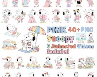 Paquete de más de 40 imágenes PNG de Snoopy rosa, imágenes prediseñadas de dibujos animados femeninos y coquetos, videos animados (descarga digital)