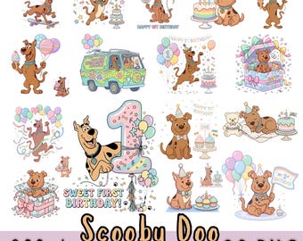Paquete de imágenes PNG de Scooby Doo para el primer cumpleaños, imágenes prediseñadas de cachorros adorables para cumpleaños, imágenes PNG de perros de dibujos animados de los años 70 para sublimación, imágenes PNG para fiestas de cumpleaños de bebés (descarga digital).