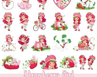 Paquete de imágenes PNG de Strawberry Shortcake, imágenes prediseñadas de dibujos animados retro de los años 80 y 90, archivos para Cricut (descarga digital)