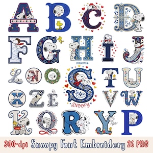 May include: A digital collection of 26 alphabet letters featuring Snoopy and Woodstock characters in various blue-toned embroidery styles, including decorative patterns, stars, hearts, and floral motifs, with the text 300-dpi Snoopy Font Embroidery 26 PNG.