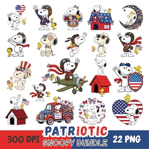 Puede incluir: Una colección digital de 22 ilustraciones de Snoopy y Woodstock con temas patrióticos, banderas estadounidenses, esquemas de color rojo, blanco y azul, equipo de aviador, casetas de perro, un camión y formas de corazón, etiquetada como Patriotic Snoopy Bundle 300 DPI.