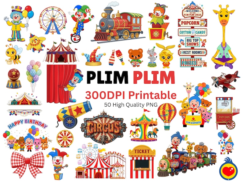 Puede incluir: Una colecci&oacute;n de gr&aacute;ficos digitales con tem&aacute;tica de circo, que incluyen payasos, una noria, un tren y una jirafa. La imagen presenta el texto "PLIM PLIM" y "HAPPY BIRTHDAY", junto con otros letreros y elementos relacionados con el circo. Los gr&aacute;ficos est&aacute;n etiquetados como archivos PNG imprimibles a 300 DPI.