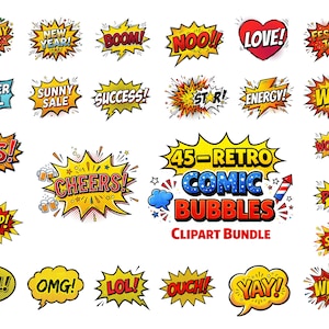 Puede incluir: Un conjunto de 45 imágenes prediseñadas de burbujas de cómic retro con frases como "BOOM!", "WOWZA!" y "YES!". Cada burbuja tiene una paleta de colores vibrantes con contornos y texto en negrita.