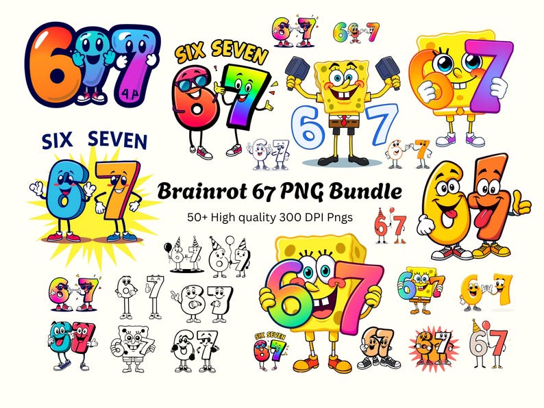 Brainrot 67 PNG Bundle | Viral Meme Cartoon Numbers Clipart (300 DPI ...