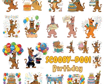 Paquete de imágenes prediseñadas de cumpleaños con perros de dibujos animados retro, PNG para sublimación de fiestas de los años 70 (descarga digital)