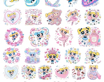 Imágenes prediseñadas PNG de burbujas de las Chicas Superpoderosas, paquete de dibujos animados Kawaii, sublimación Pink Coquette (descarga digital)