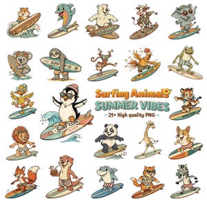 May include: A collection of cartoon surfing animals, including a hamster, dolphin, polar bear, cow, elephant, koala, sloth, monkey, rooster, frog, duck, penguin, lion, panda, giraffe, dog, fox, otter, shark, cat, and zebra. The image includes the text "Surfing Animals Summer Vibes".