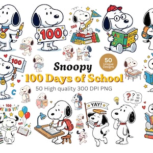 Puede incluir: Una colección de ilustraciones de Snoopy que celebran los 100 días de escuela. Snoopy se representa con libros, lápices y letreros que dicen "100" y "Yay!". La imagen incluye el texto "50 Unique Designs" y "50 High quality 300 DPI PNG".