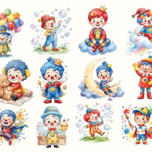 May include: Watercolor illustrations of whimsical clowns in various poses. One clown holds balloons, another plays with bubbles, and others sit on clouds or a crescent moon. Each clown has a unique outfit and expression, with bright colors and playful details.