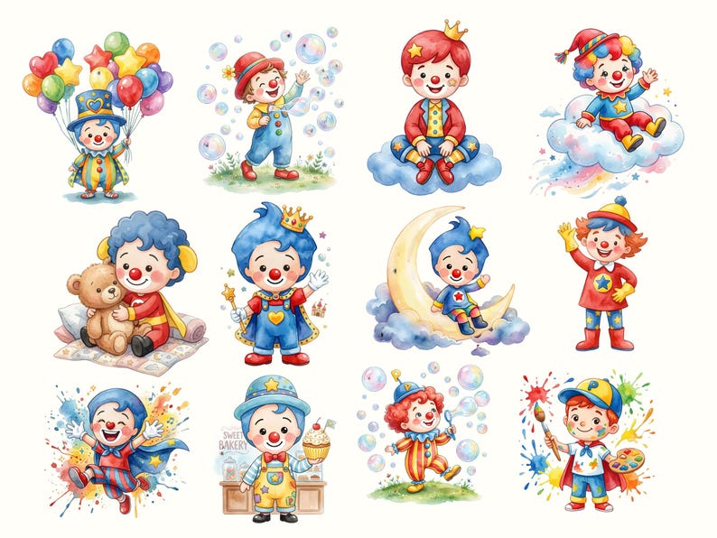 May include: Watercolor illustrations of whimsical clowns in various poses. One clown holds balloons, another plays with bubbles, and others sit on clouds or a crescent moon. Each clown has a unique outfit and expression, with bright colors and playful details.