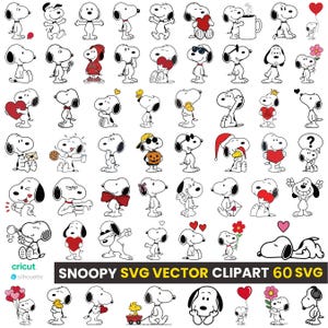 May include: A collection of 60 black and white Snoopy vector illustrations featuring various poses, expressions, and accessories like hearts, flowers, hats, and mugs. The text at the bottom reads SNOOPY SVG VECTOR CLIPART 60 SVG.