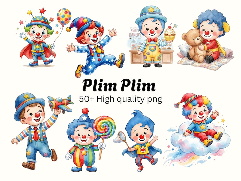 Plim Plim Clipart Bundle | Wattercolor Style Colorful Cartoon Characters (Digital Download) image 1