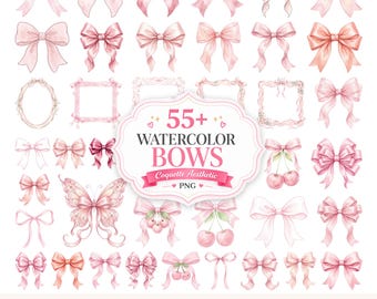 Paquete de imágenes prediseñadas de lazos rosas, estilo Wattercolor 55+, cinta coqueta, imágenes prediseñadas femeninas (descarga digital)