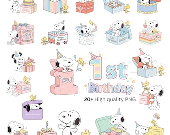 Paquete de imágenes PNG de Snoopy para cumpleaños, imágenes prediseñadas de perros de dibujos animados en tonos pastel para fiestas de primer cumpleaños (descarga digital)