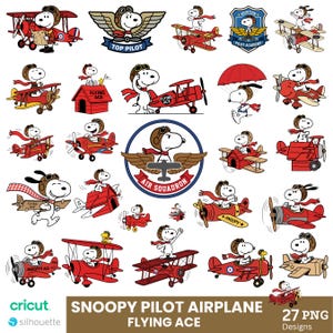 Puede incluir: Una colección de 27 ilustraciones digitales que muestran a Snoopy como piloto con gorro de aviador marrón y bufanda roja, volando biplanos rojos, sentado en casetas de perro rojas o en paracaídas. Incluye texto como Top Pilot, Aviation Pilot Academy y Air Squadron.