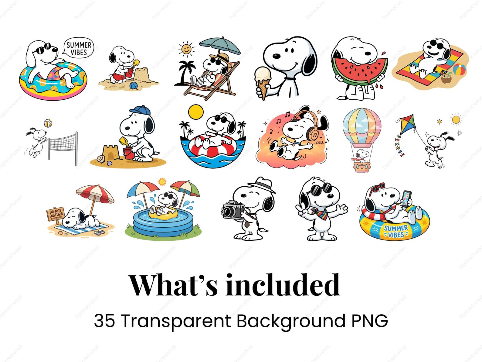 Snoopy Pool Sticker Snoopy Summer Dog PNG Bundle, Beach Vacation Clipart, Ice Cream Pool ...