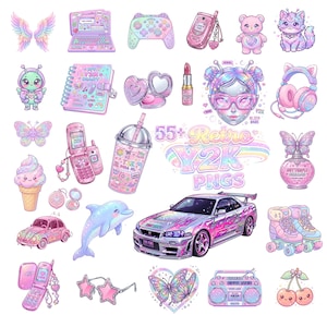 Y2K Clipart-paket, retro pastellgrafik från 2000-talet, kawaii modeelement (digital nedladdning)