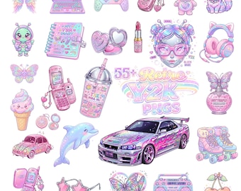 Paquete de imágenes prediseñadas Y2K, gráficos pastel retro de los años 2000, elementos de moda kawaii (descarga digital)