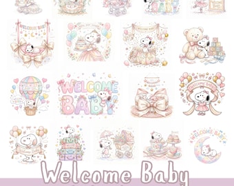 Paquete de imágenes PNG de Snoopy para baby shower, imágenes prediseñadas de bienvenida para niña, diseños de sublimación para Cricut (descarga digital)