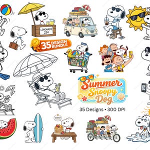 May include: A collection of Snoopy-themed summer designs. The images include Snoopy enjoying various summer activities such as playing with a beach ball, selling lemonade, and relaxing on a beach chair. The text says "Summer Snoopy Dog" and "35 Designs".