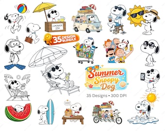 Paquete de imágenes PNG de Snoopy, perro de verano, imágenes prediseñadas de vacaciones en la playa, flotador de piscina con forma de helado (35 archivos)