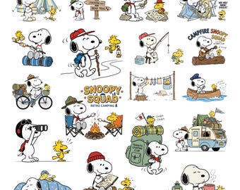 Paquete de imágenes prediseñadas de Snoopy acampando, diseño PNG de perro de dibujos animados de Peanuts (descarga digital)