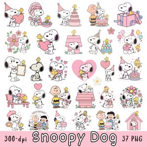 Puede incluir: Una colección de 37 ilustraciones digitales que muestran a Snoopy y Woodstock en varias escenas de cumpleaños y celebración con detalles en rosa, pasteles, globos y regalos. El texto en la parte inferior dice 300-dpi Snoopy Dog 37 PNG.