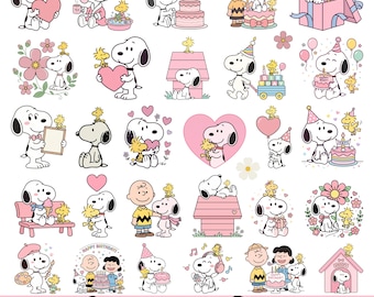 Paquete de imágenes prediseñadas de cumpleaños de Snoopy rosa, Snoopy perro PNG, corazones, flores, regalos (descarga digital)