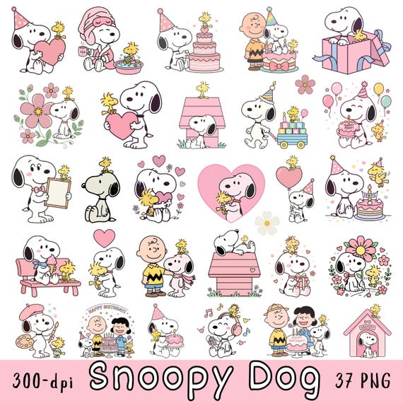 Pink Snoopy Birthday Clipart Bundle, Snoopy Dog PNG, Hearts, Flowers, Gifts (Digital Download)