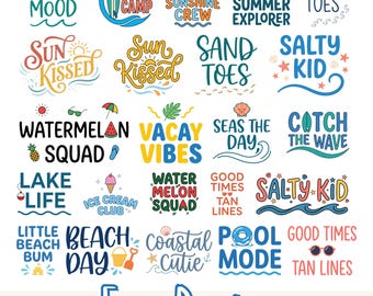 Paquete de imágenes PNG de playa veraniega / 26 diseños tipográficos coloridos (descarga digital)