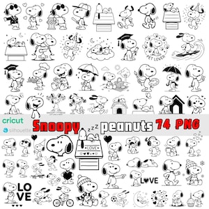 May include: A selection of 74 black and white Snoopy PNG images. Snoopy is shown in different poses and activities, such as wearing a hat, holding a paintbrush, and sleeping. The word "peanuts" is also visible.