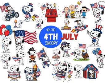 Paquete de imágenes PNG de Snoopy para el 4 de julio, imágenes prediseñadas de perros de dibujos animados patrióticos para el Día de la Independencia de Estados Unidos