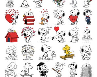 Paquete de imágenes PNG de Snoopy, imágenes prediseñadas de perros de dibujos animados, diseños para sublimación (descarga digital)