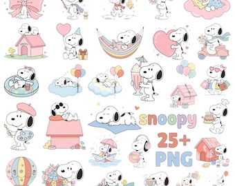 Paquete de más de 25 imágenes PNG de Snoopy rosa, imágenes prediseñadas de dibujos animados de chicas coquetas (descarga digital)