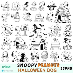 May include: A collection of 33 black and white digital illustrations featuring Snoopy in various Halloween and autumn-themed scenes, including pumpkins, costumes, a doghouse, bats, and the text "SNOOPY PEANUTS HALLOWEEN DOG 33PNG" at the bottom.