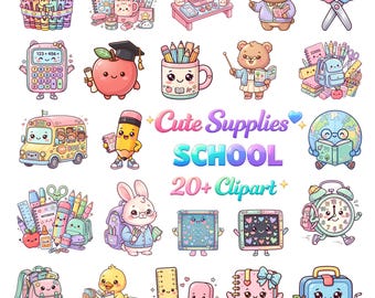 Paquete de imágenes prediseñadas Kawaii para la escuela, aula en tonos pastel, gráficos de útiles escolares (descarga digital)