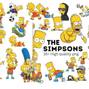 May include: A collection of cartoon illustrations featuring characters from "The Simpsons." The images include Bart, Lisa, Homer, and Marge Simpson in various poses and activities. The text "THE SIMPSONS" and "35+ High quality png" are also visible.