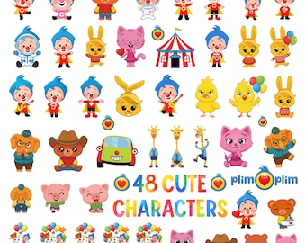 Paquete de imágenes PNG de Plim Plim, 48 imágenes prediseñadas de personajes de dibujos animados, fiesta de cumpleaños infantil (descarga digital)