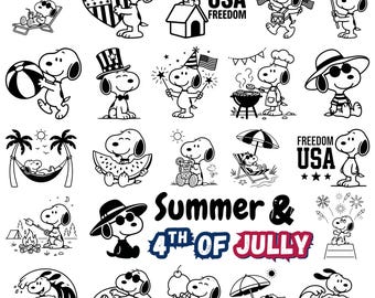 Paquete de imágenes PNG de Snoopy, imágenes prediseñadas patrióticas de verano, perro de dibujos animados de la libertad de EE. UU. (descarga digital)