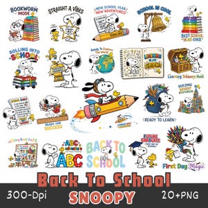 May include: A collection of Snoopy and Woodstock illustrations featuring back-to-school themes. The characters are shown with school supplies like books, pencils, backpacks, and globes, accompanied by text such as Bookworm Mode, School Is Cool, and Back To School.