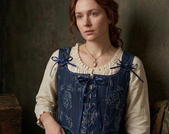 Vintage Blue Corset Top Renaissance Lace Up Bodice Cottagecore Victorian Ren Fair Bustier Women