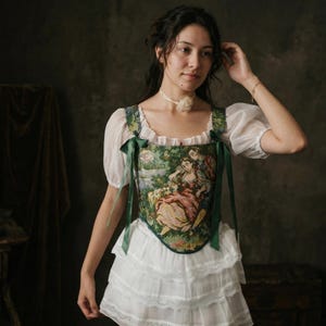 Vintage Tapestry Corset Top Cottagecore Renaissance Floral Lace Up Fairycore Bustier Handmade Romantic Bodice